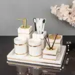 Volakos White Natural Marble Bathroom Accessories Golden Luxury Soap Dish Soap Dispenser Toothbrush Holder Tray Bathroom Set