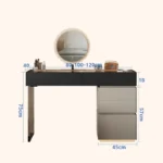 Minimalist modern dressing table with mirror and stool in a bedroom setting with 4 drawers and 4 doors