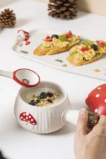 Creative Cartoon Cute Girl Heart Red Mushroom Ceramic Tableware Single Handle Bowl Soup Pot Breakfast Plate – top view