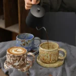Japanese Ceramic Coffee Mug Saucer Vintage Stoneware Breakfast Oat Mug Creative Afternoon Camellia Flower Tea Cup Home Water