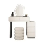 Modern minimalist vanity table with mirror and stool, wood construction, bedroom furniture