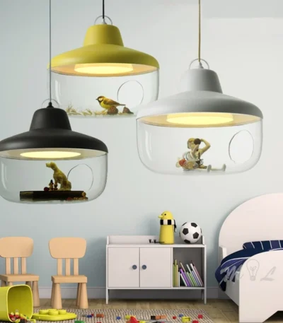 Mordern LED pendant light with glass house design in a cozy living room setting, warm glow from above
