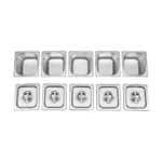 Stainless steel spice rack with 5 pans and lids on kitchen countertop