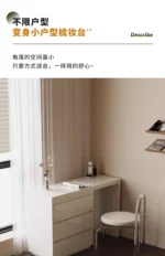 Modern vanity table with mirror and drawers in a bedroom setting