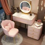 French white wooden dressing table with mirror and stool in a modern bedroom setting