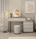 Modern bedroom vanity table with mirror and storage drawers, makeup vanity desk with stool