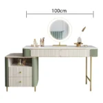 Modern dresser with mirror and stool – 2-drawer makeup vanity table in a minimalist bedroom setting