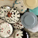Ceramic dinnerware set with Japanese flat serving plates in floral Nordic design
