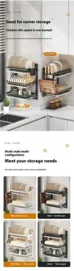 Wall-Mounted Kitchen Dish Rack Multifunctional Kitchen Organizer with Drainboard Cutlery Storage Holder Dinnerware Drainer
