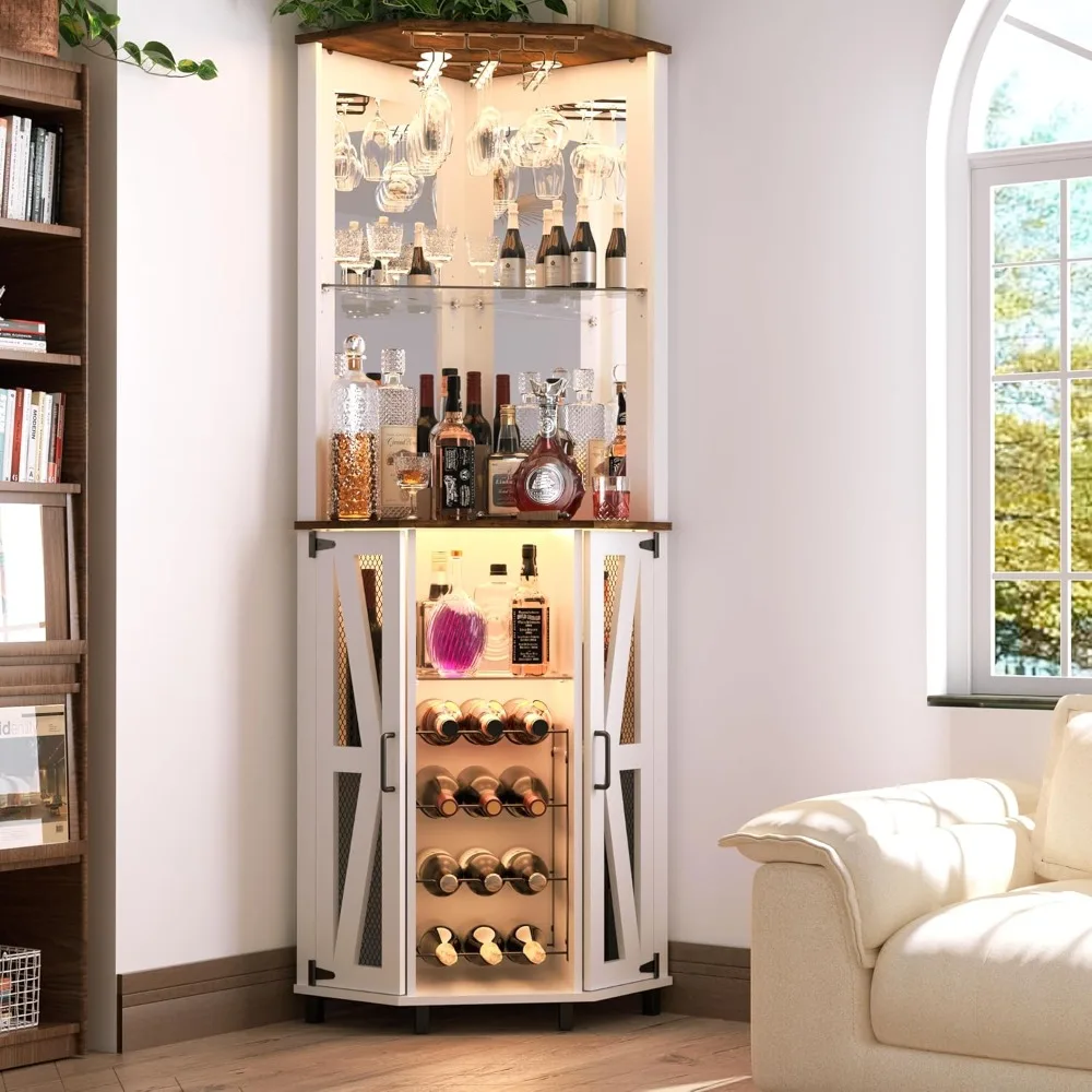 Sbe4c80233edb46a492c64fdd7890cc43f.webp 68.9“ Tall Corner Bar Cabinet, Wine Bar with LED Light and Mirror, Farmhouse Liquor Cabinet with Adjustable Shelf.Customized - Image 1