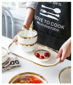 Nordic Style Gold Inlay Bright White Porcelain Dinner Sets Ceramic Bowl Dish Plates Set Porcelain Dinnerware For Household