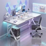 Ergonomic Large Gaming Desk, K-Shaped Gaming Table, PC Gaming Workstation Home Office Desks, Space-Saving, Easy to Assemble