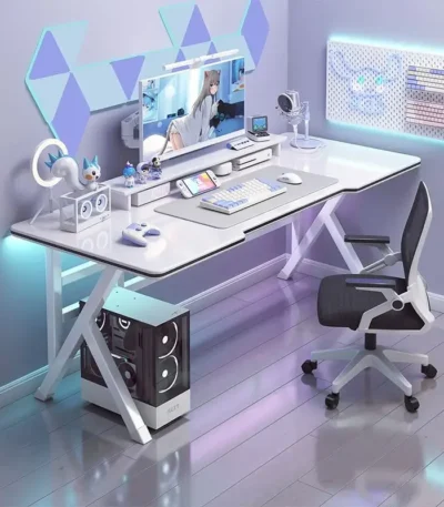 Ergonomic Large Gaming Desk, K-Shaped Gaming Table, PC Gaming Workstation Home Office Desks, Space-Saving, Easy to Assemble