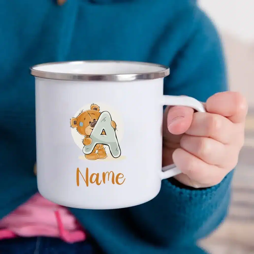 Custom Letter with Name Mug Bear Printed Creative Enamel Cup,Coffee Drink,Milk Mug,Handle Drinkware,Birthday Gifts for Kid