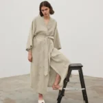 NHKDSASA Brown Robes For Women Loose Three Quarter Sleeve Nightwear Sashes Cotton Bathrobe Female Casual Sleepwear Summer
