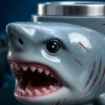 Jaws 50th Anniversary 3D shark mug on a wooden table with coffee