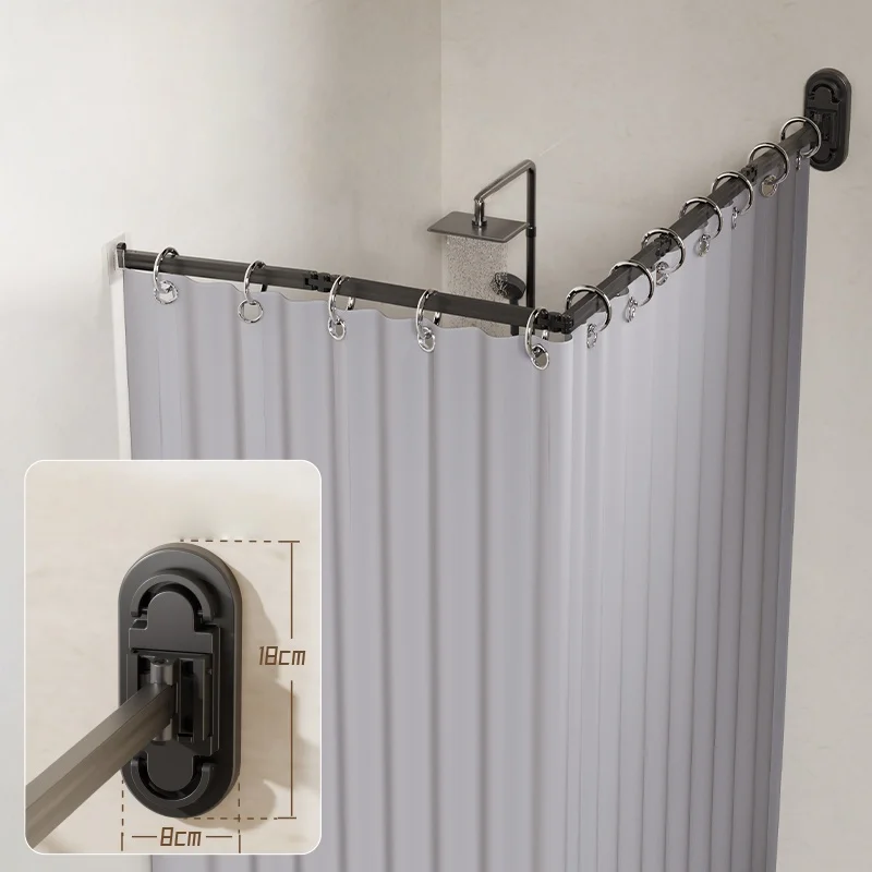 Folding Rod Shower Curtain Set No Drill Sucker Invisible Shower Partition Bathroom Dry-wet Separation Waterproof Retractable