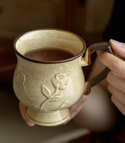 Hibiscus Cup Medieval Relief Tall Mug French Ceramic Coffee Cups Water Cup Large Capacity Milk Cup, 300ml