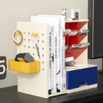 Desk Organizer with Retractable Bookend, Multi-Compartment Matte Finish, Hanging Storage Board, Large Capacity Pen Holder