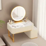 Modern minimalist dressing table with storage shelf for makeup organization in a bedroom