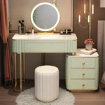 French white wooden dressing table with mirror and stool in a modern bedroom setting