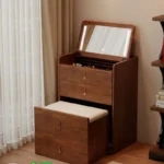 Goldoma wooden makeup vanity table with mirror and stool in bedroom