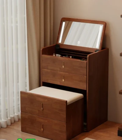 Goldoma wooden makeup vanity table with mirror and stool in bedroom