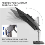 Goldoma large patio umbrella with lights illuminating a 9x9 FT square cantilever umbrella with solar LED lights in a bac