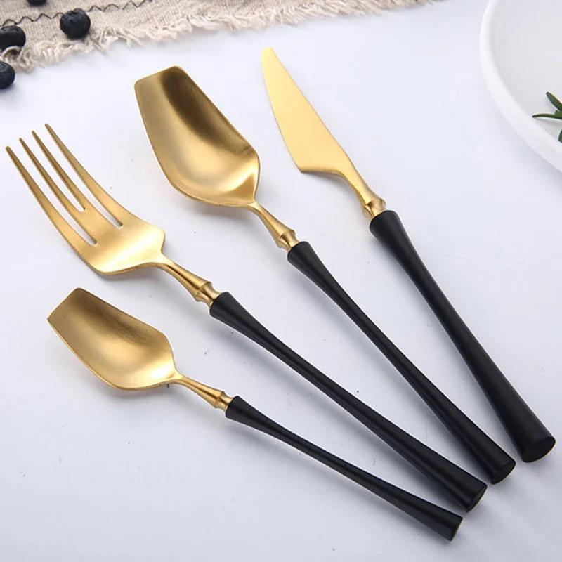 24Pcs Matte Stainless Steel Black Gold Cutlery Set Flatware Set Tableware Silverware Knife Spoon Fork Dishwasher Safe