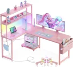 53 Inch L Shaped Gaming Desk with LED Lighting, Reversible Desk with Power Outlets, Customized – in a cozy room setting