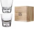 Transparent snow mountain whiskey glasses with Mount Fuji shape on a wooden table