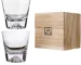 Transparent snow mountain whiskey glasses with Mount Fuji shape on a wooden table