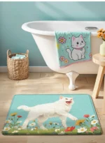 Adorable Cat Print Bath Mat, Premium Thick Sponge, Super Absorbent & Quick Dry, Non-Slip Bathroom Rug, Soft Rebound