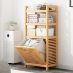Solid wood floor-to-ceiling bathroom clothes rack with basket storage, towel holder and toilet organizer