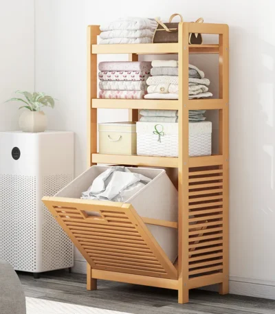 Solid wood floor-to-ceiling bathroom clothes rack with basket storage, towel holder and toilet organizer
