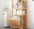 Multi-layer solid wood floor to ceiling storage rack with basket shelves in a bathroom