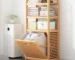 Multi-layer solid wood floor to ceiling storage rack with basket shelves in a bathroom