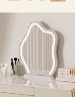 Modern wooden makeup vanity table with mirror and matching stool, featuring a storage drawer for organization