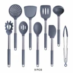 Goldoma silicone cooking spoon set in grey, including slotted spatula and solid spoon