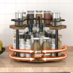 Kitchen countertop organizer with 360° rotating wooden spice rack holding oil, salt, and soy sauce bottles