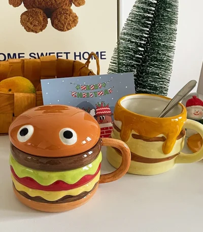 300ML Coffee Mugs Creative Hamburger Shaped Water Cup with Lid Cute and Cute Breakfast Cup Large Capacity Ceramic Hamburger