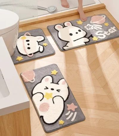 Cute Cartoon Rabbit Bath Mat Set High Quality Flocking Bathroom Non-slip Absorbent Bathroom Rug Shower Room Door Mat Carpet