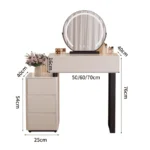 Modern vanity table with mirror and storage drawers in a bedroom setting