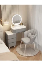 Modern storage vanity table with mirror and stool featuring multiple drawers for bedroom organization