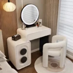 Modern white wood dressing table with mirror and three drawers in bedroom setting