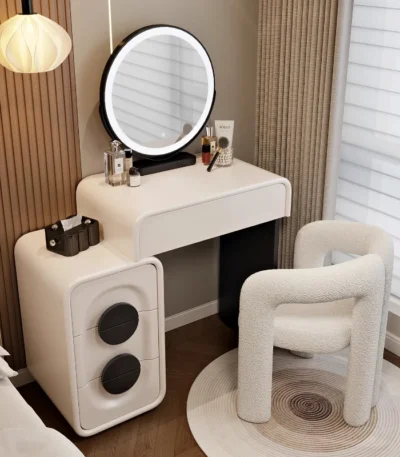 Modern white wood dressing table with mirror and three drawers in bedroom setting