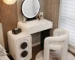 Goldoma modern white dressing table with mirror and three drawers in a bright room