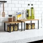 Simple Houseware Cabinet Organizer Shelf Kitchen Counter Shelves Kitchen Storage Spice Rack Stackable Metal and Engineered Wood - Image 3