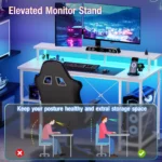 JHK 48 Inch Computer Desk with with Shelves Storage Drawers Office Wood Table with LED Lights Power Outlets Gaming Desk