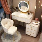 French white wooden dressing table with mirror and stool in a modern bedroom setting